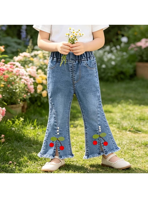 Girls Denim Pants Flared Split Hem Side Pockets Plain Build Kids Long Pants for 6Months to 5Years