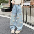 thumbnail image 1 of Rvasteizo Girls Denim Pants High Waist Wide Leg Side Pockets Print Loose Kids Long Pants for 3-14 Years, 1 of 5