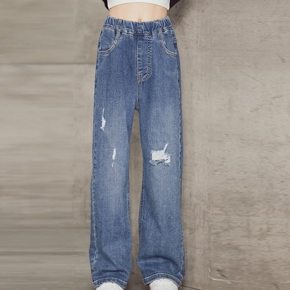 Rvasteizo Girls Jeans Solid Distressed Pockets Wide Leg Elastic Waist Summer Loose Fashion Denim Full Length Outer Pant for 5 to 15 Years
