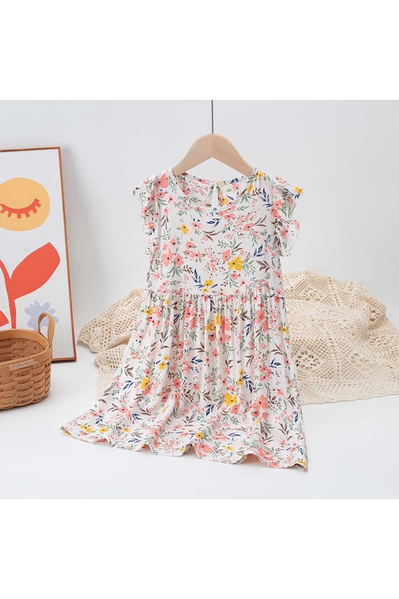 Girls Dresses Print Sleeveless Flounce Sleeve Dress Floral Casual Style for Girls Summer Daily Wear
