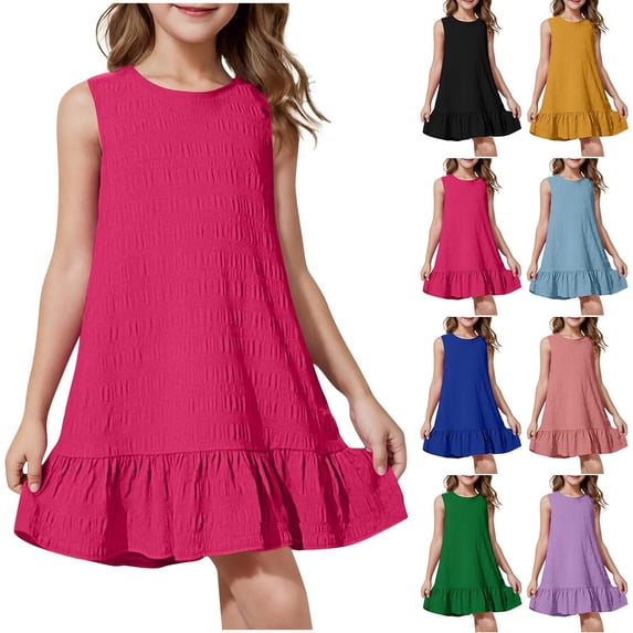 Rvasteizo Girls Dresses Sleeveless Summer Outfits Solid Sundress Round Neck Sundress 5-15Y,9T