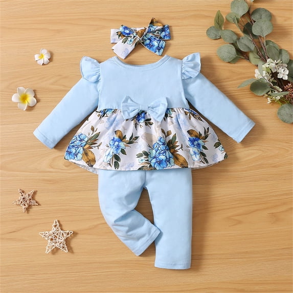 Rvasteizo Toddler Girl Outfits Print Long Sleeve Top Pants Headband Set 3-24Months