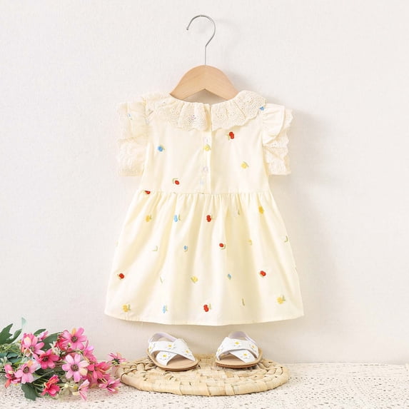 Rvasteizo Dresses for Kids Print Sleeveless Turn Down Collar Cotton Dress Small Floral Embroidery for 6-24 Months Toddler Summer Wear