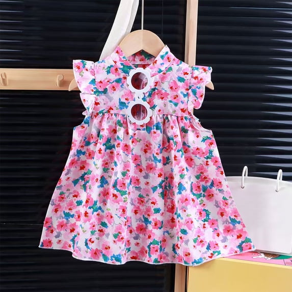 Rvasteizo Toddler Dress Print Sleeveless Round Neck Flounce Sleeve Dress Floral Print Casual Princess Style for Kids Summer Wear
