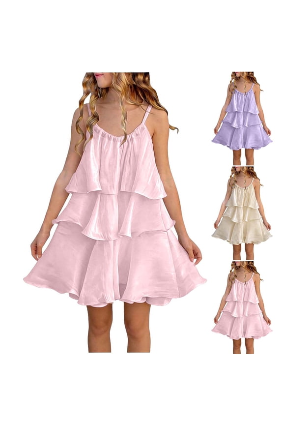 Girls Fashion Dress Solid Strap Ruffle Tiered Resort Style Dress for 1-10 Years