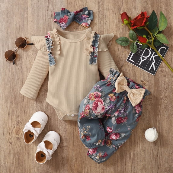 Rvasteizo Toddler Girl Summer Outfits Ribbed Long Sleeve Romper and Print Pants Set