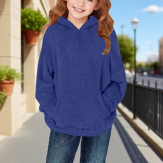 Rvasteizo Girls Fleece Hoodie Fall Winter Long Sleeve Solid Pullover,Blue,5Y