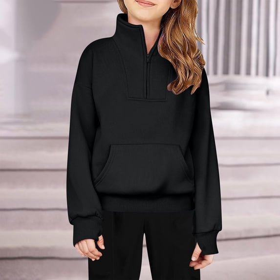 Rvasteizo Girls Half Zipper Sweatshirts Solid Stand Collar Long Sleeve Pullover 5-14Y,Black,13Y
