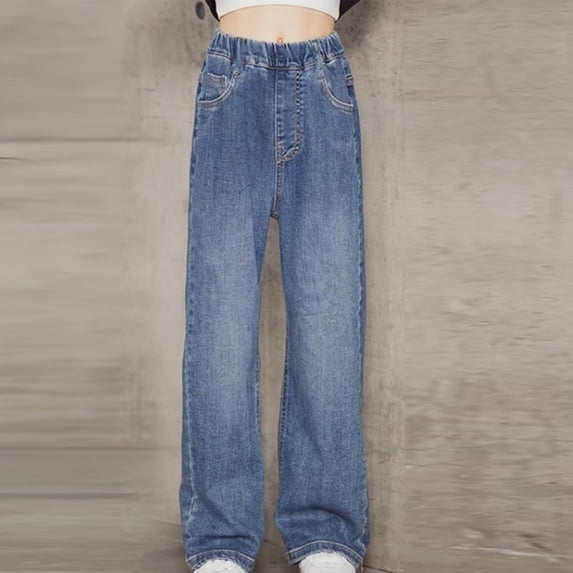 Rvasteizo Girls Jeans Solid Big Storage Pockets Wide Leg Elastic Waist Summer Soft Denim Full Length Outer Pant for 5 to 15 Years