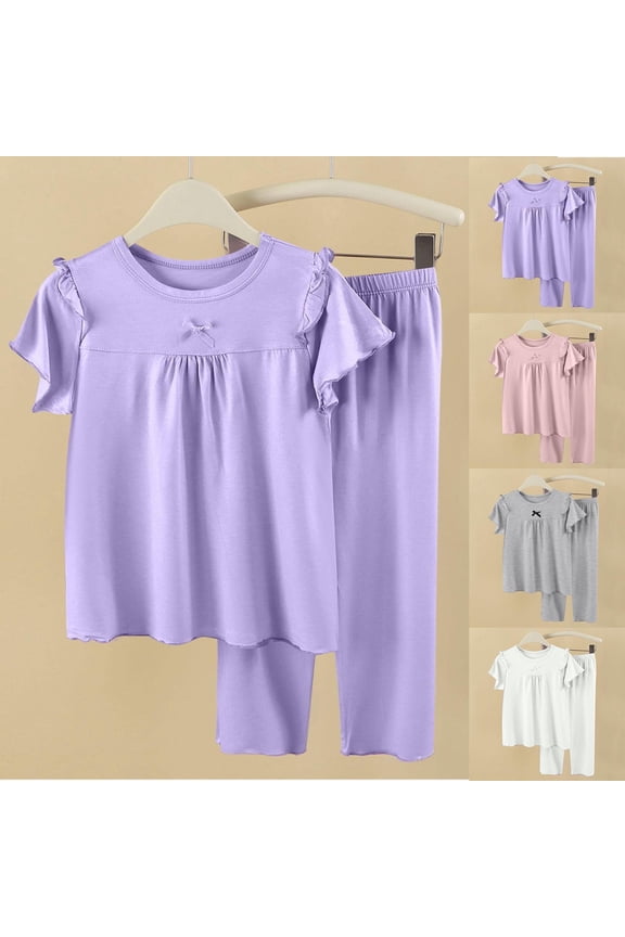 Girl Summer Outfits Solid Short Sleeve Round Neck Top with Ruffle Details Thin Air Conditioning Wear 2-16 Years
