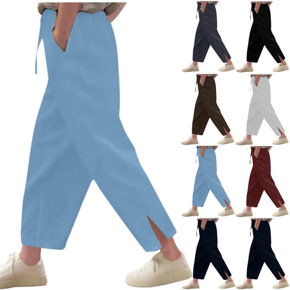 Rvasteizo Girls Pants Solid Linen Relaxed Wide Leg Side Pockets Elastic Waist Light Summer Breathable Full Length Daily Loungewear for Teen Girls