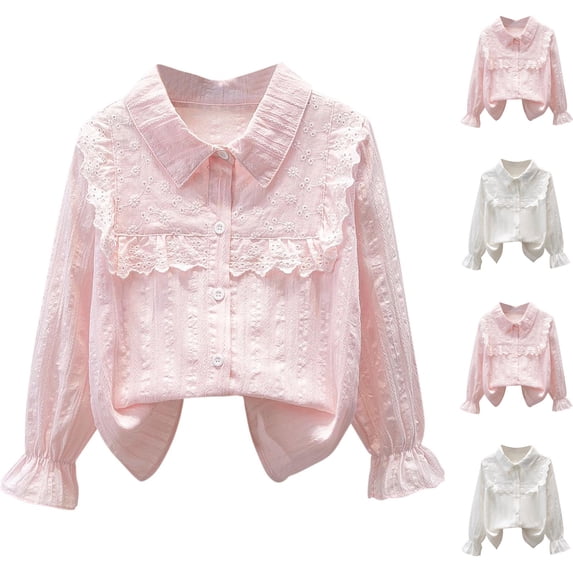 Rvasteizo toddler Button Down Shirt Solid Lapel Long Sleeve Thin Lace Hem Soft Woven Blouse for Girls 3 to 14Years