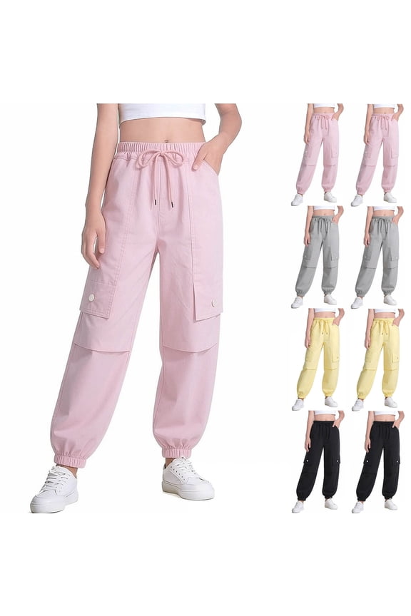 Girls Cargo Pants Solid Summer Thin Elastic Cuff Drawstring Loose Sport Full Length Casual Outer Wear for 1 to 14 Years
