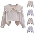 thumbnail image 1 of Rvasteizo toddler Button Down Shirt Solid Lapel Long Sleeve Cozy Lace Hem Soft Woven Blouse for Girls 3 to 14Years, 1 of 4