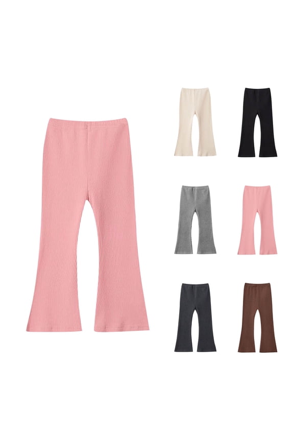 Girls Pants Solid Ribbed Stretch Flare Elastic Waist Loose Fashion Full Length Sport Outer Wear for 1 to 12 Years