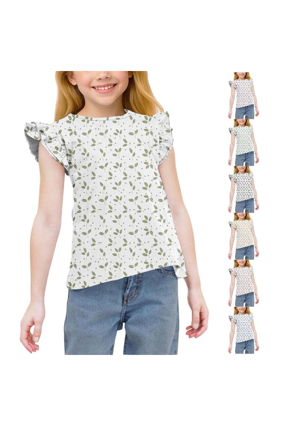 Summer Shirts for Girls Print Floral Crew Neck Short Sleeve Ruffle Hem Soft Cotton Sweet Knit Tee for Girls Casual Wear