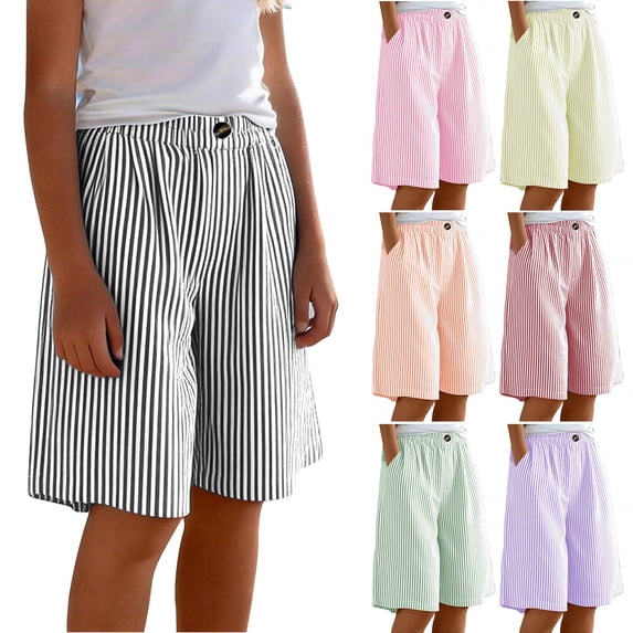 Rvasteizo Girls Shorts Solid Linen Striped Button Crop Pants Side Pockets Loose Casual Summer Daily Loungewear for Teen Girls