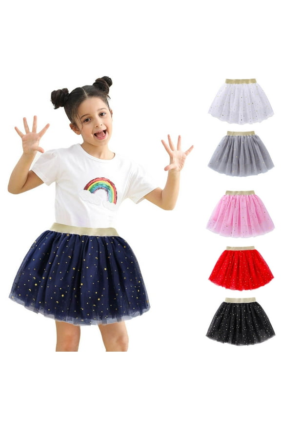 Girls Solid Mesh Skirt Star Print Sequin Flared Style 2-14 Years