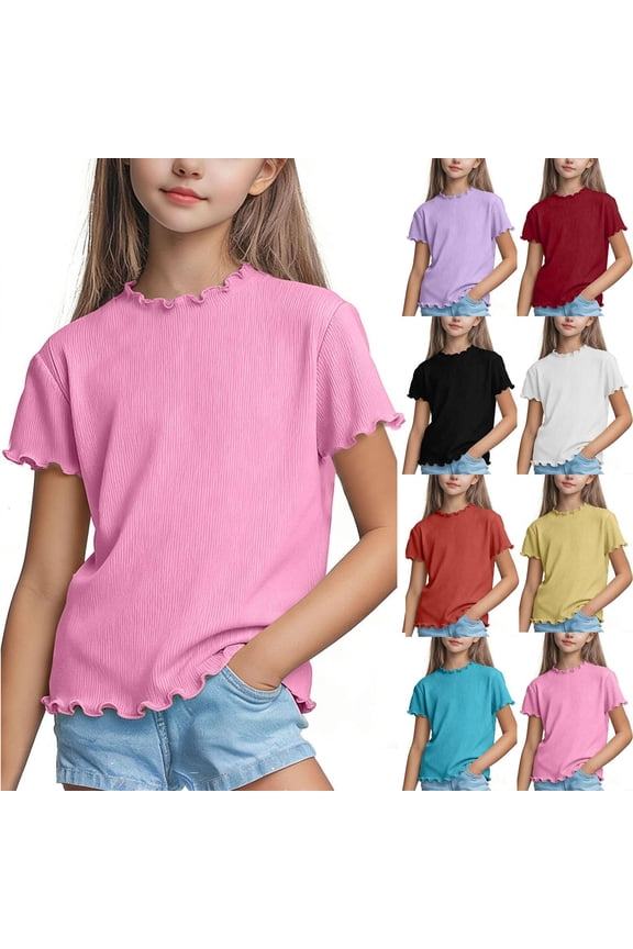 Summer Shirts for Girls Solid Crew Neck Short Sleeve Ruffle Hem Soft Cotton Knit Tee for Girls 1 to 10 Years Sweet Outfit