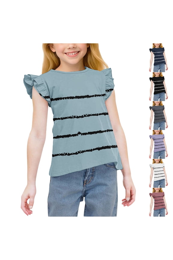 Summer Shirts for Girls Print Stripe Crew Neck Short Sleeve Ruffle Hem Thin Cotton Sweet Tee for Girls Daily Wear