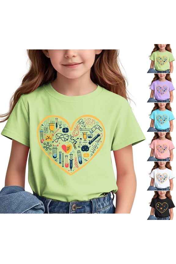 Summer Tops for Girls Print Heart Crew Neck Short Sleeve School Uniform Knit Pullover for Boys Girls 3 to 15 Years Daily Outfit