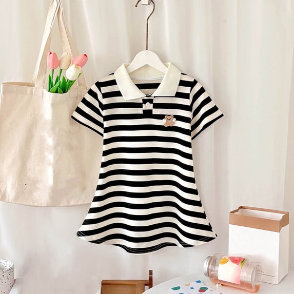 Rvasteizo Girls Dress Short Sleeve Lapel Striped Dress Casual Sleep Wear for Girls Aged 2-10Years