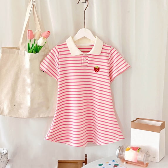 Rvasteizo Toddler Girls' Dresses Short Sleeve Lapel Striped Dress Sleep Style for Girls Aged 2-10Years