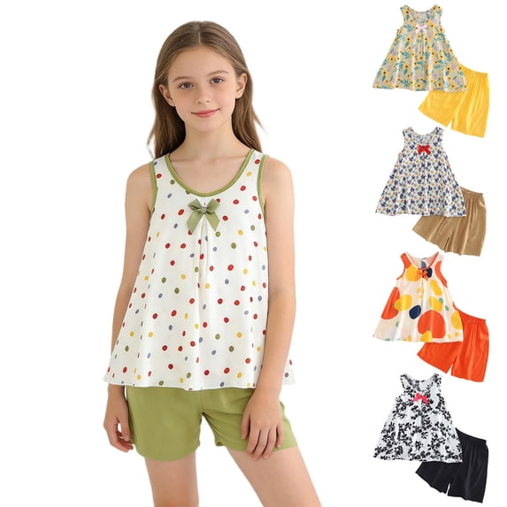 Rvasteizo Girls Summer Outfits Set Floral Elastic Waist Round Neck Sleeveless Kids Home Wear Shorts 2 Piece Set 4-16Y,5T