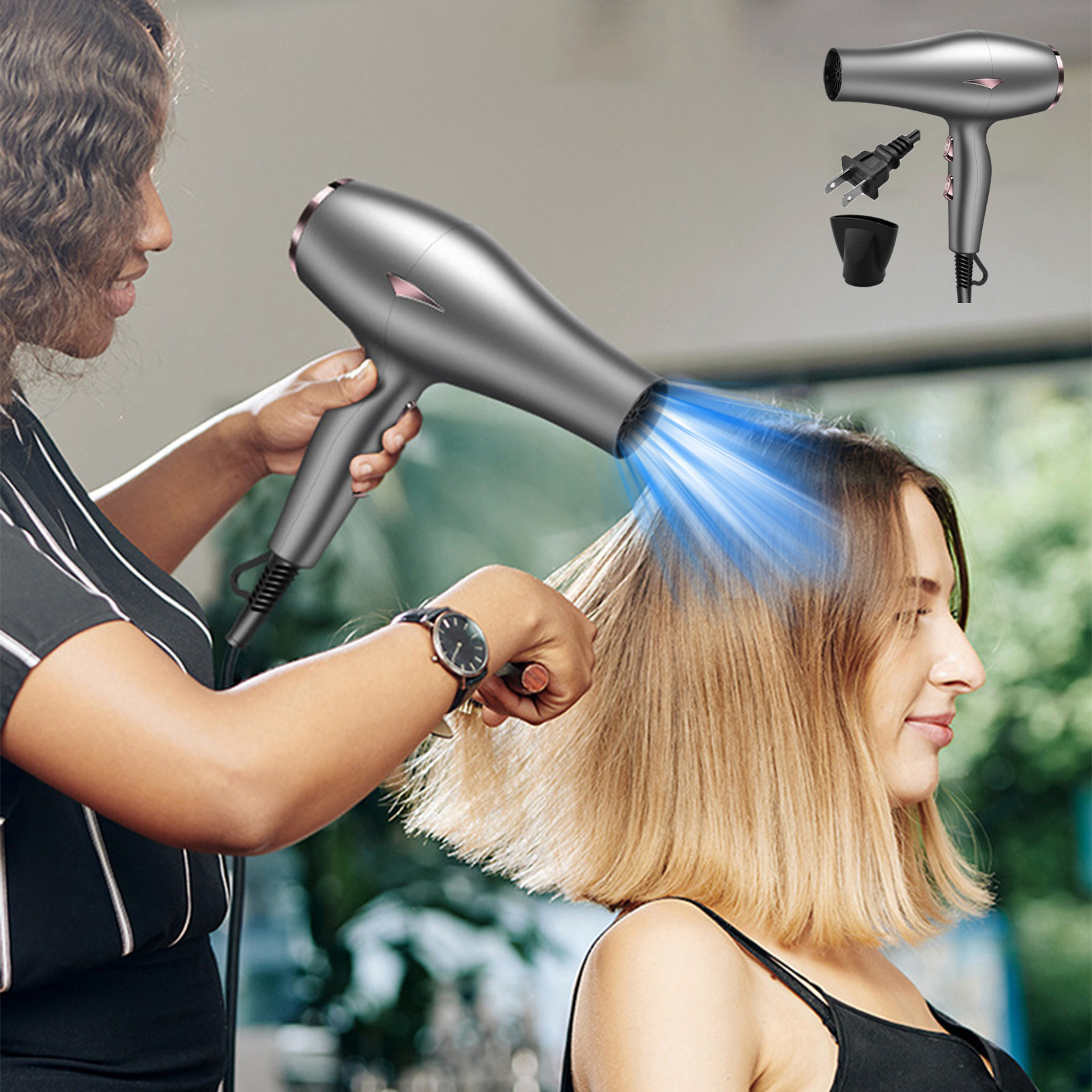 Rvasteizo Hair Dryer With Diffuser-Lightweight Travel Blow Dryer For Normal And Curly Hair Includes Volume Styling Nozzle, Gray