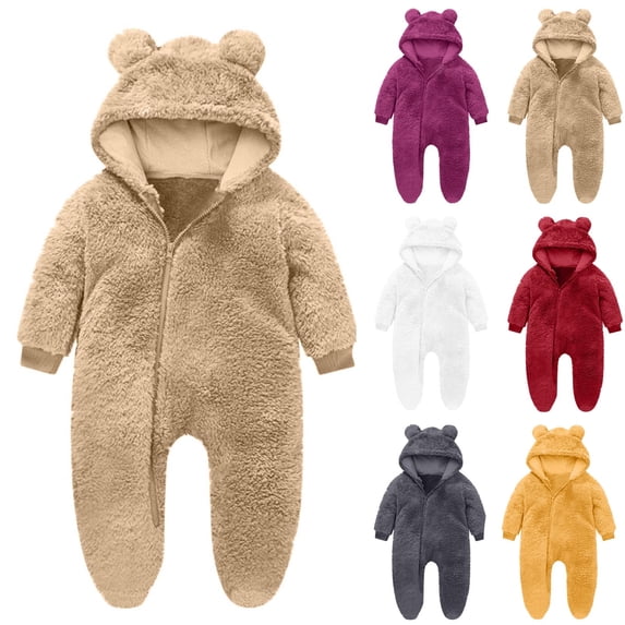 Rvasteizo Toddler Girl Romper Solid Long Sleeve Open Front Hooded Double Fleece Bodysuit Aged 0-12 Months