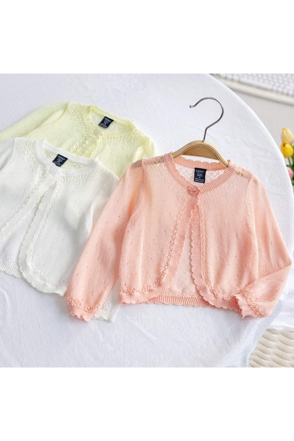 Kids Classic Jacket Eyelet Button Crew Neck Long Sleeve Open Front Outerwear