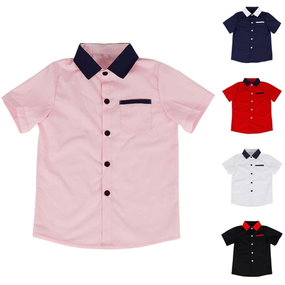Rvasteizo Toddler Button Down Shirt Solid Lapel Short Sleeve Chest Pocket Button Front Thin Woven Blouse for Boys Girls 3 to 11 Years Casual Wear