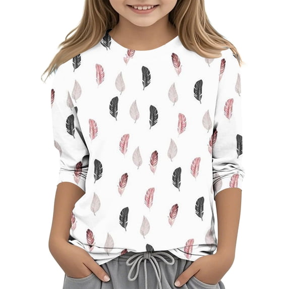 Rvasteizo Fall Winter Girls Base Layer Tops Crewneck Print 3/4 Sleeve Pullover ,5 T