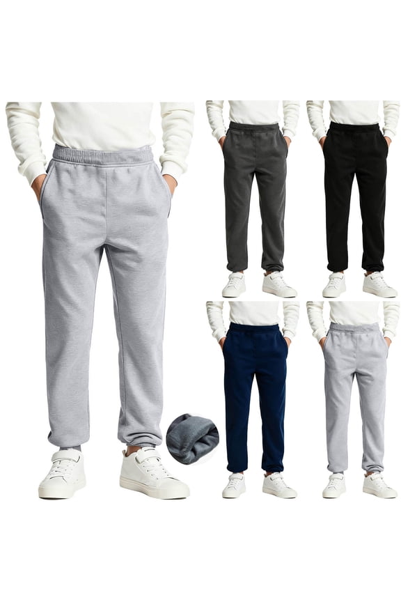Kids Joggers Solid Lined Elastic Cuff Side Pockets Drawstring Loose Sport Full Length Outer Wear for 2 to 13 Years