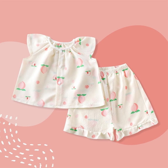 Rvasteizo Toddler Outfits Peach Print Button Top Shorts Set Daily Wear 9Months to 12Years