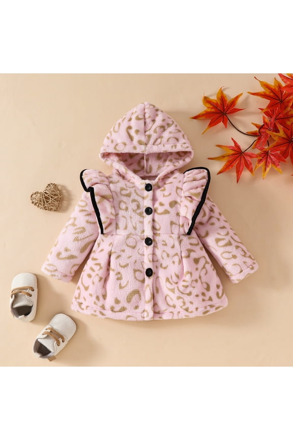 Kids Plain Jacket Leopard Print Ruffle Flare Sleeve Hooded Outerwear for Winter