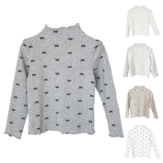 Rvasteizo Girls Long Sleeve Shirts Print Bow Crew Neck Long Sleeve Double Ruffle Soft Cotton Layering Tee for Girls All Season Everyday Wear