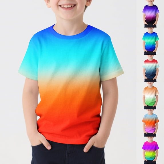 Rvasteizo Kids Long Sleeve Shirt Print Gradient Color Crew Neck Short Sleeve Light Loose Sport Knit Tee for Boys Girls 2 to 13 Years Fashion Wear