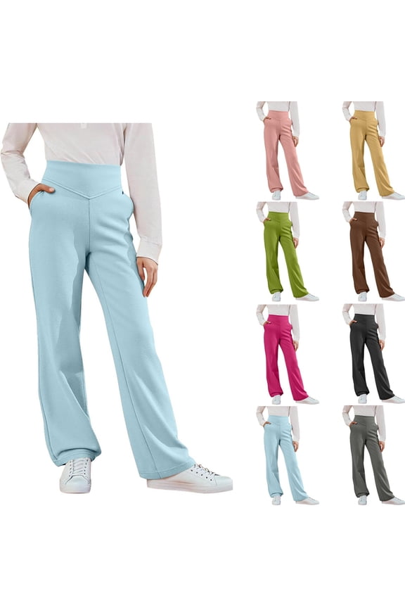 Kids Pants Solid Flare Leg Multi Side Pockets Elastic Waist School Uniform Summer Student Uniform Full Length Outer Pant for 5 to 15 Years