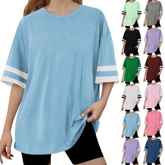 Rvasteizo Summer Shirts for Girls Print Stripe Splice Crew Neck Short Sleeve Thin Cotton Oversized Tee for Boys Girls 5 to 15 Years Daily Wear