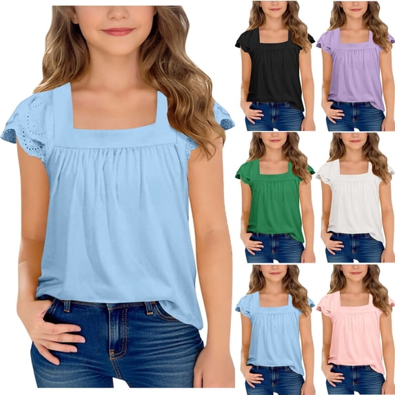 Rvasteizo Summer Shirts for Girls Solid Crew Neck Short Sleeve Hollow Out Flared Ruffle Sleeve Light Knit Tee for Girls 5 to 15 Years Fashion Outfit