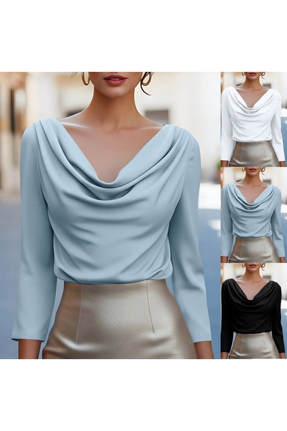 Long Sleeve Blouses for Women Casual Shirt Solid Cowl Neck Long Sleeve Light Fall Ladies Daily Casual Shirt Top
