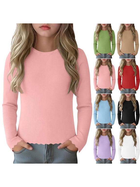 Girls Shirts Base Layer Fall Winter Crewneck Long Sleeve Pullover Solid 5-16Y,7 T