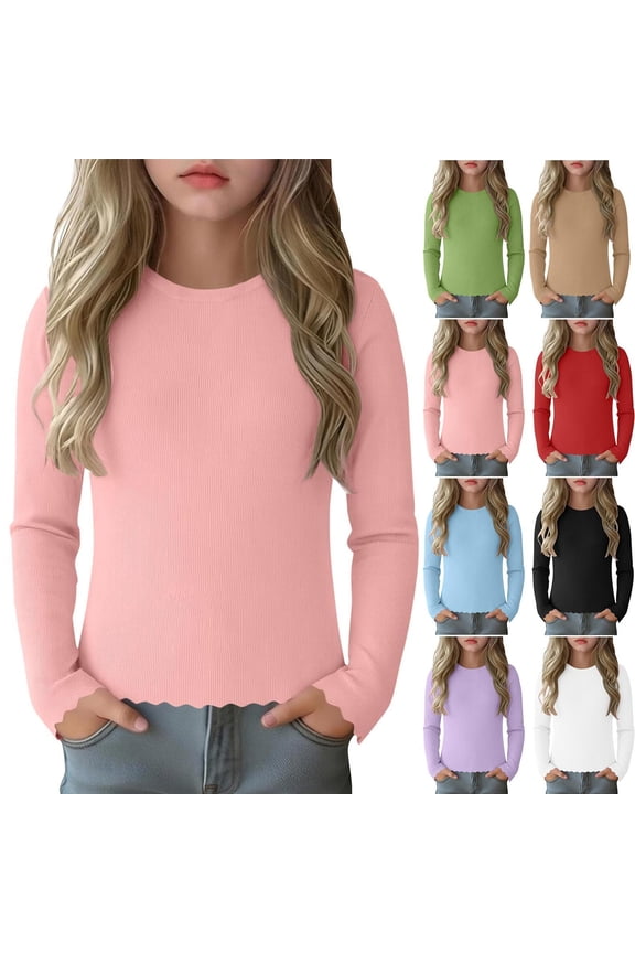 Long Sleeve Shirts for Girls Solid Rib Cuff Crew Neck Pullover for Youth 5 to 16 Years Wear