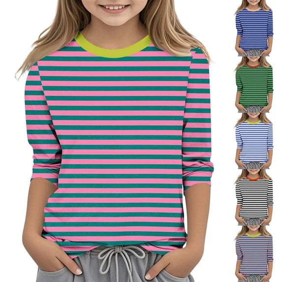 Rvasteizo Long Sleeve Shirts for Girls Stripe Print 3/4 Sleeve Crew Neck Pullover Basic Wear for Youth Daily