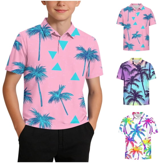 Rvasteizo Shirts for Boys Girls Hawaiian Print Light Lapel Button Short Sleeve Top for Boys Girls 5-15Years