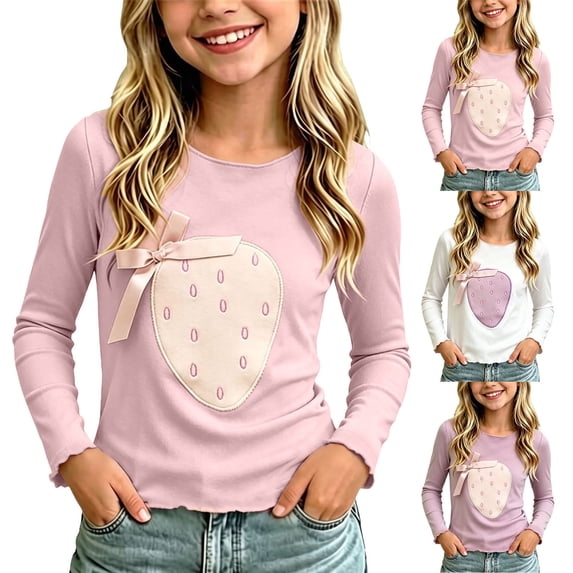 Rvasteizo Shirts for Girls Crew Neck Allover Printed Long Sleeve Casual Layering T Shirt for Girls 2-10Years