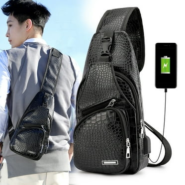 Rvasteizo Sling Bag For Men Women, Leather Sling Bag, Shoulder Backpack Chest Bags Crossbody Daypack With USB Hole For Hiking Camping Outdoor Trip