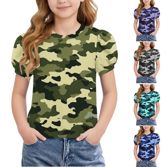 Rvasteizo Summer Shirts for Girls Print Crew Neck Short Sleeve Puff Sleeve Breathable Knit Tee for Girls 4 to 15 Years Casual Wear