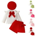 thumbnail image 1 of Rvasteizo Toddler Girl Outfits Knit Top Bow Beret Fleece Skirt 3-16 Years Girls Set, 1 of 5